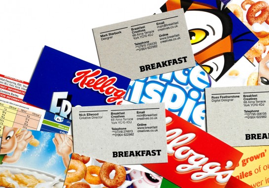 Breakfast Creatives business cards, made from recycled breakfast cereal boxes